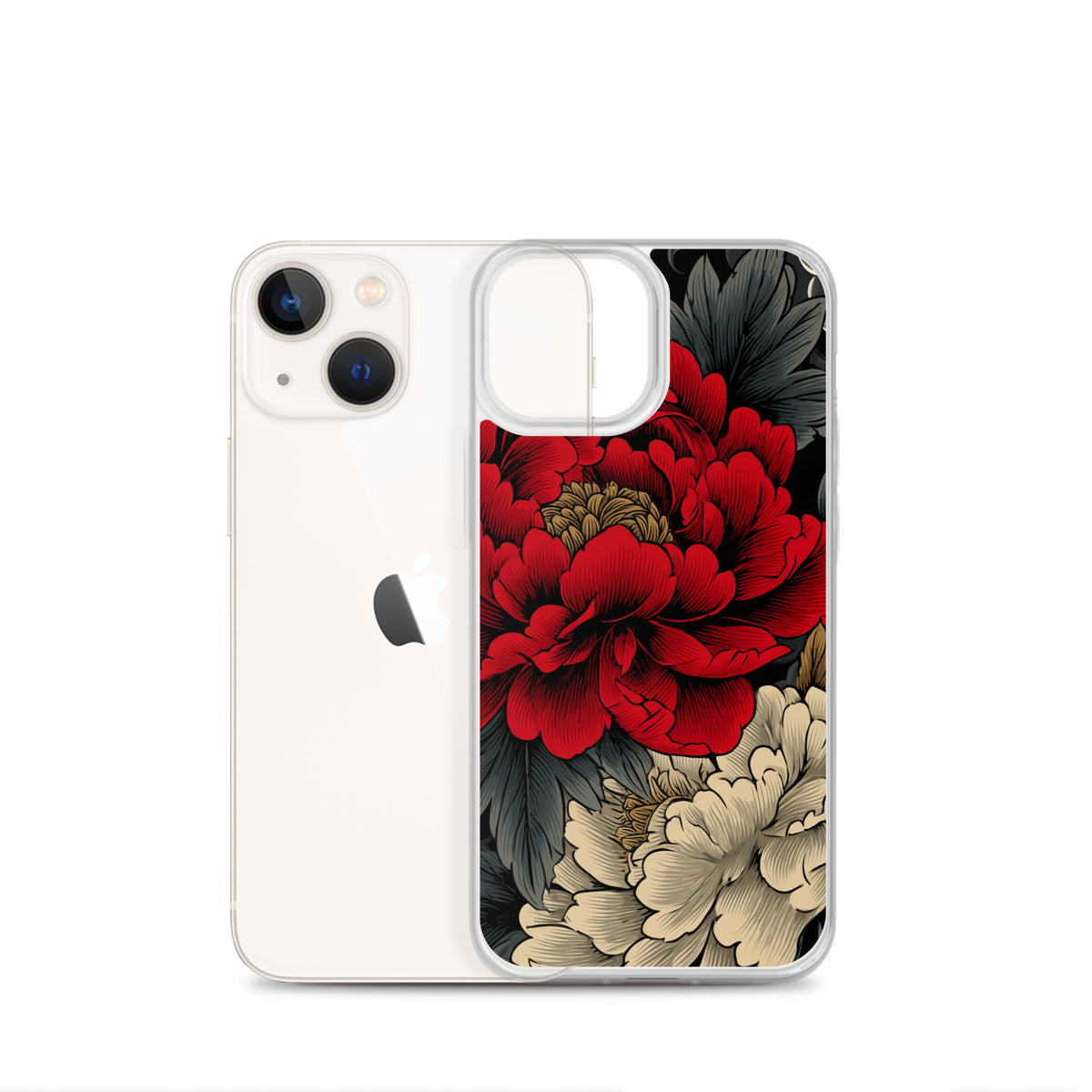 Clear iPhone case: Vermilion and ivory peonies stand out against dark leaves and curling ink-like clouds.