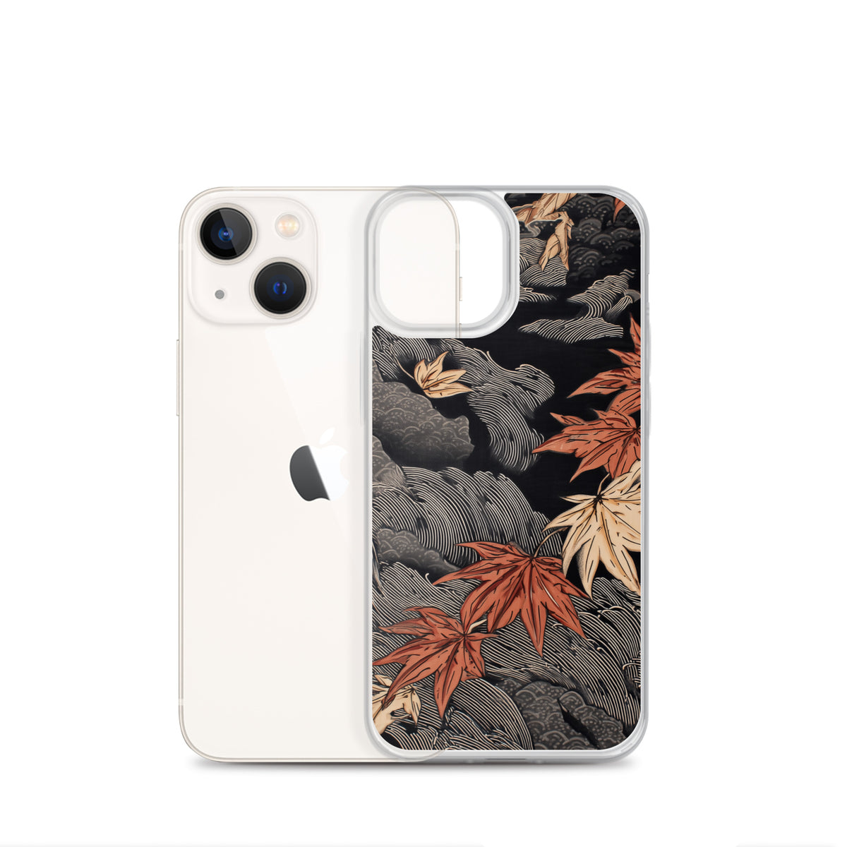 Clear iPhone case: Red and ochre maple leaves stretch across layered rocks and dark flowing water.