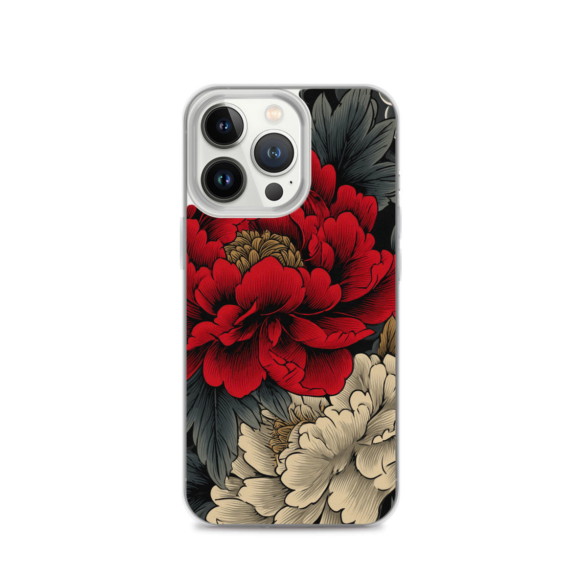 Clear iPhone case: Vermilion and ivory peonies stand out against dark leaves and curling ink-like clouds.