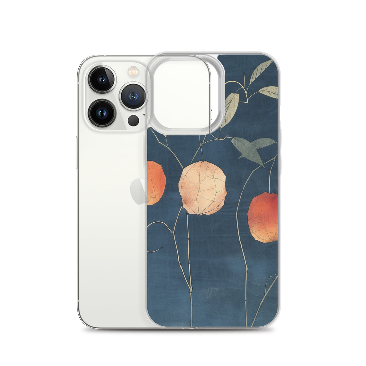 Clear iPhone case: Orange and pale ground cherries hang from slender stems against a deep blue background.