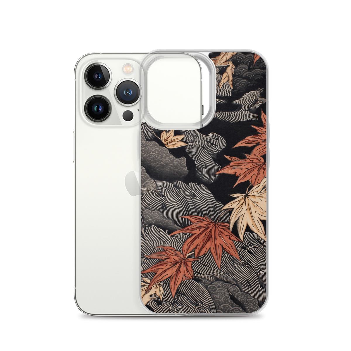 Clear iPhone case: Red and ochre maple leaves stretch across layered rocks and dark flowing water.