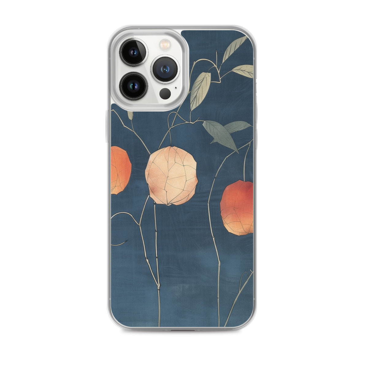 Clear iPhone case: Orange and pale ground cherries hang from slender stems against a deep blue background.