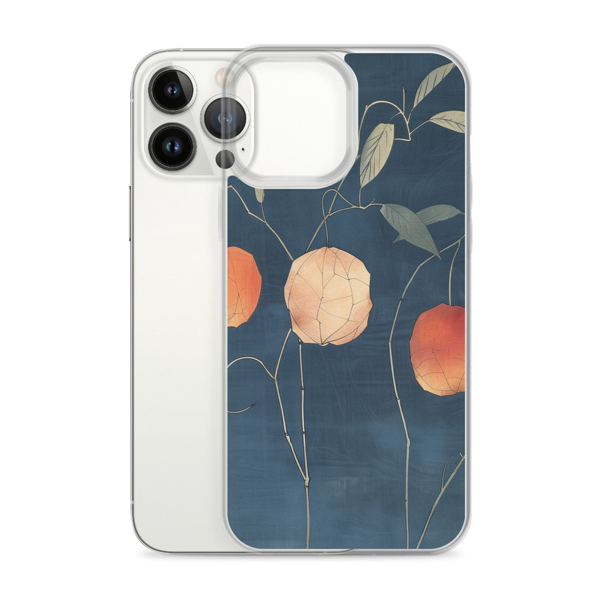 Clear iPhone case: Orange and pale ground cherries hang from slender stems against a deep blue background.