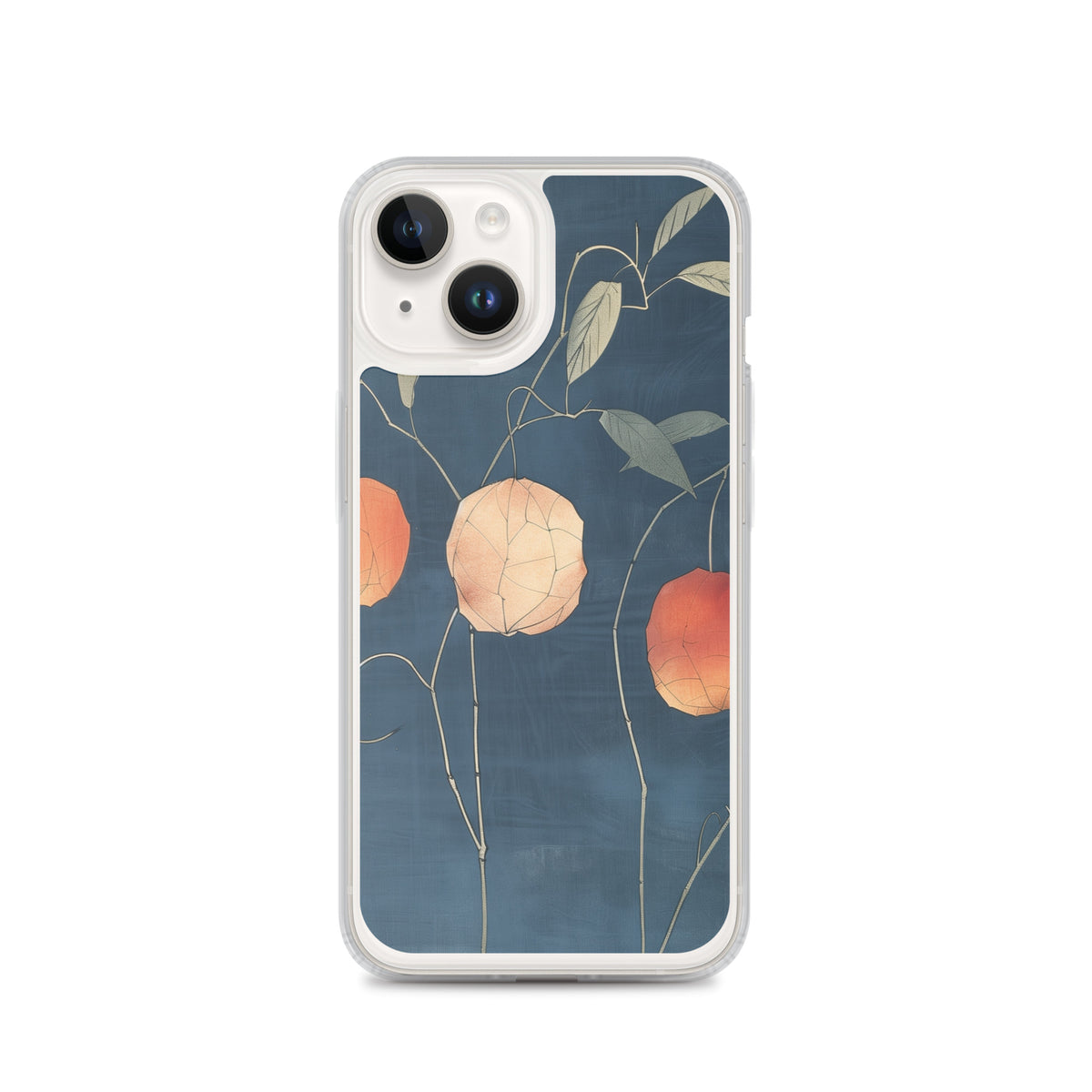 Clear iPhone case: Orange and pale ground cherries hang from slender stems against a deep blue background.