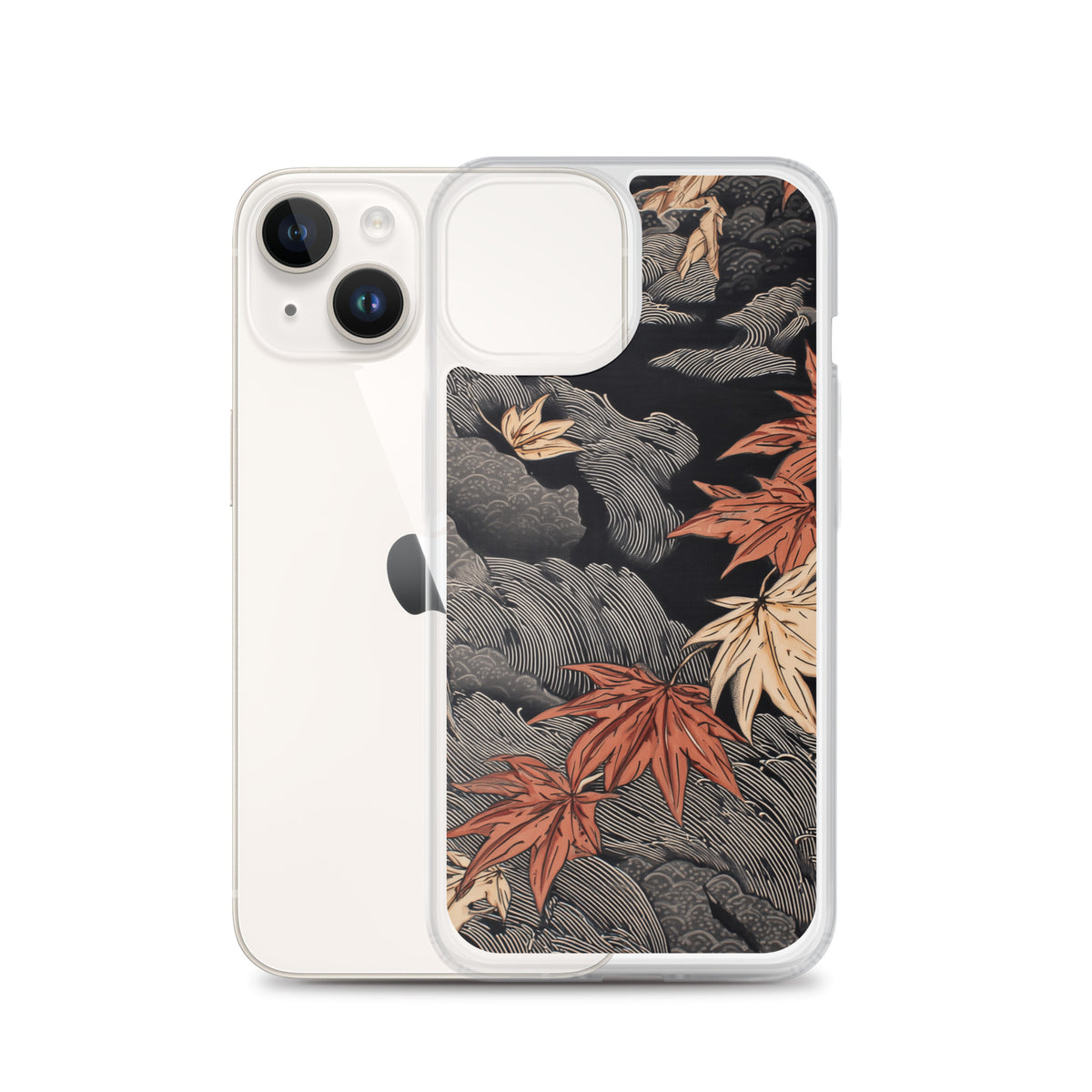 Clear iPhone case: Red and ochre maple leaves stretch across layered rocks and dark flowing water.