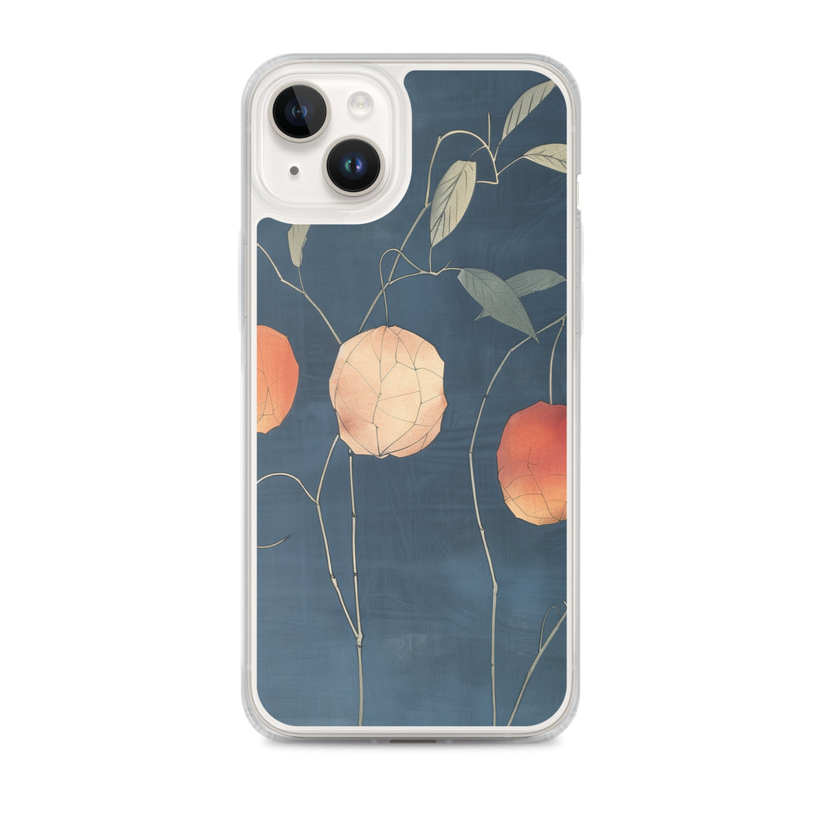 Clear iPhone case: Orange and pale ground cherries hang from slender stems against a deep blue background.