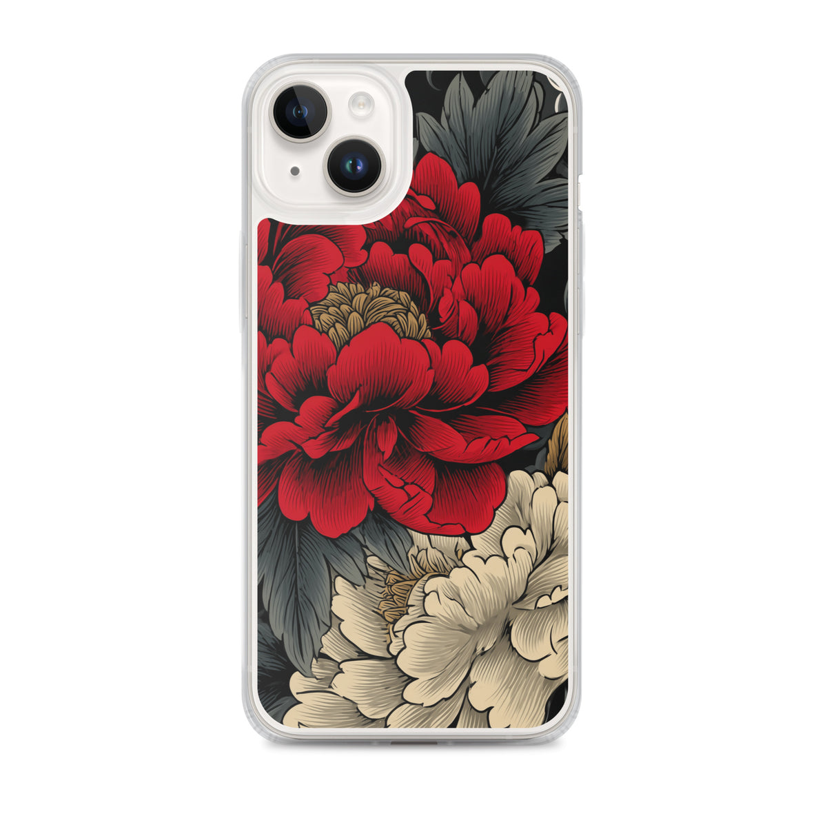 Clear iPhone case: Vermilion and ivory peonies stand out against dark leaves and curling ink-like clouds.