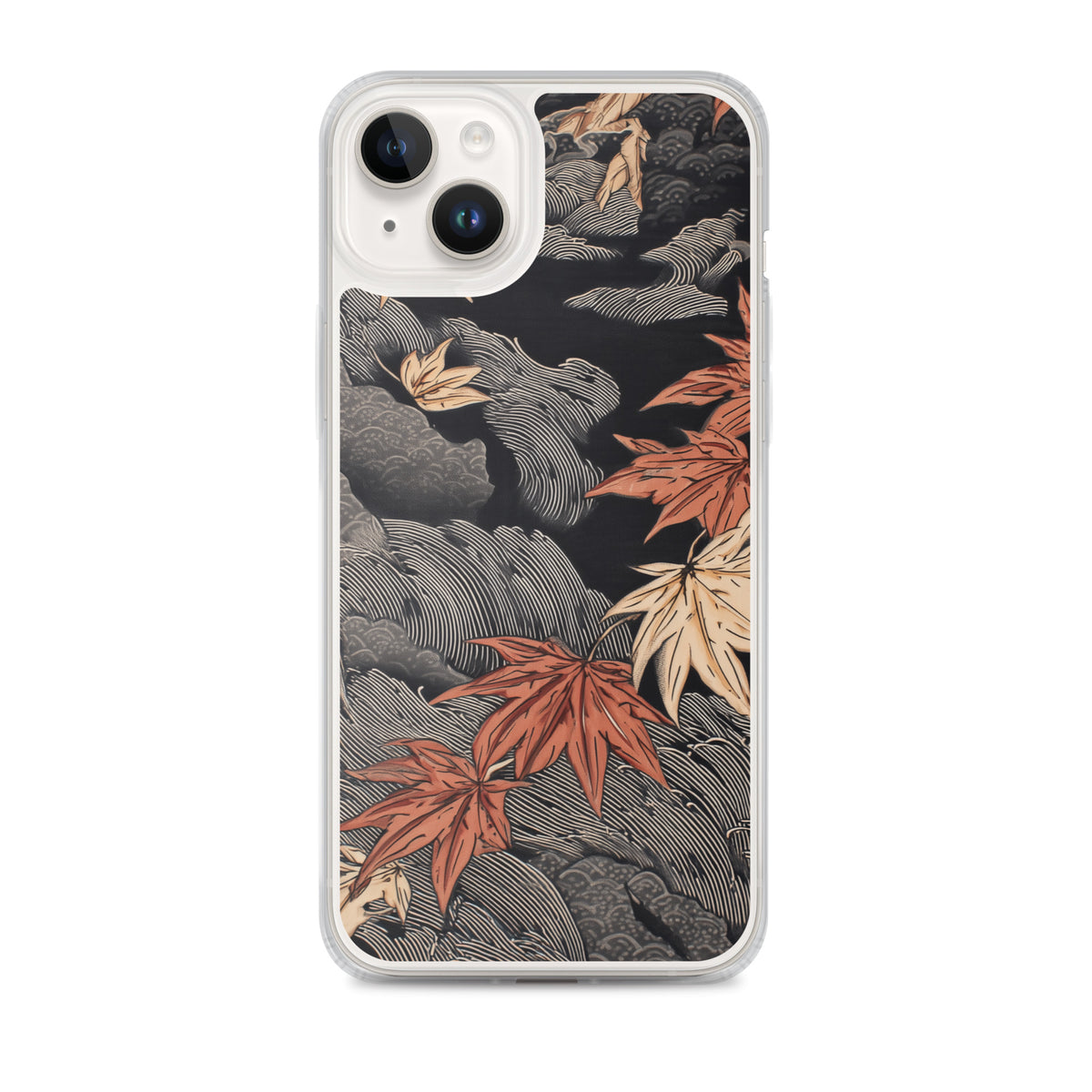 Clear iPhone case: Red and ochre maple leaves stretch across layered rocks and dark flowing water.