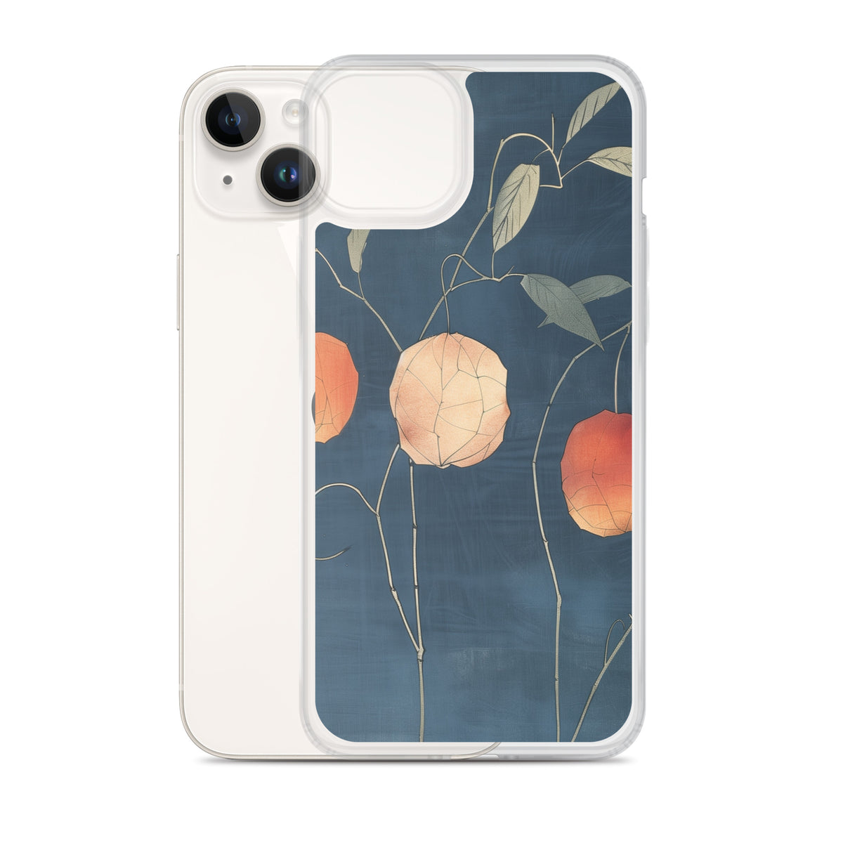 Clear iPhone case: Orange and pale ground cherries hang from slender stems against a deep blue background.