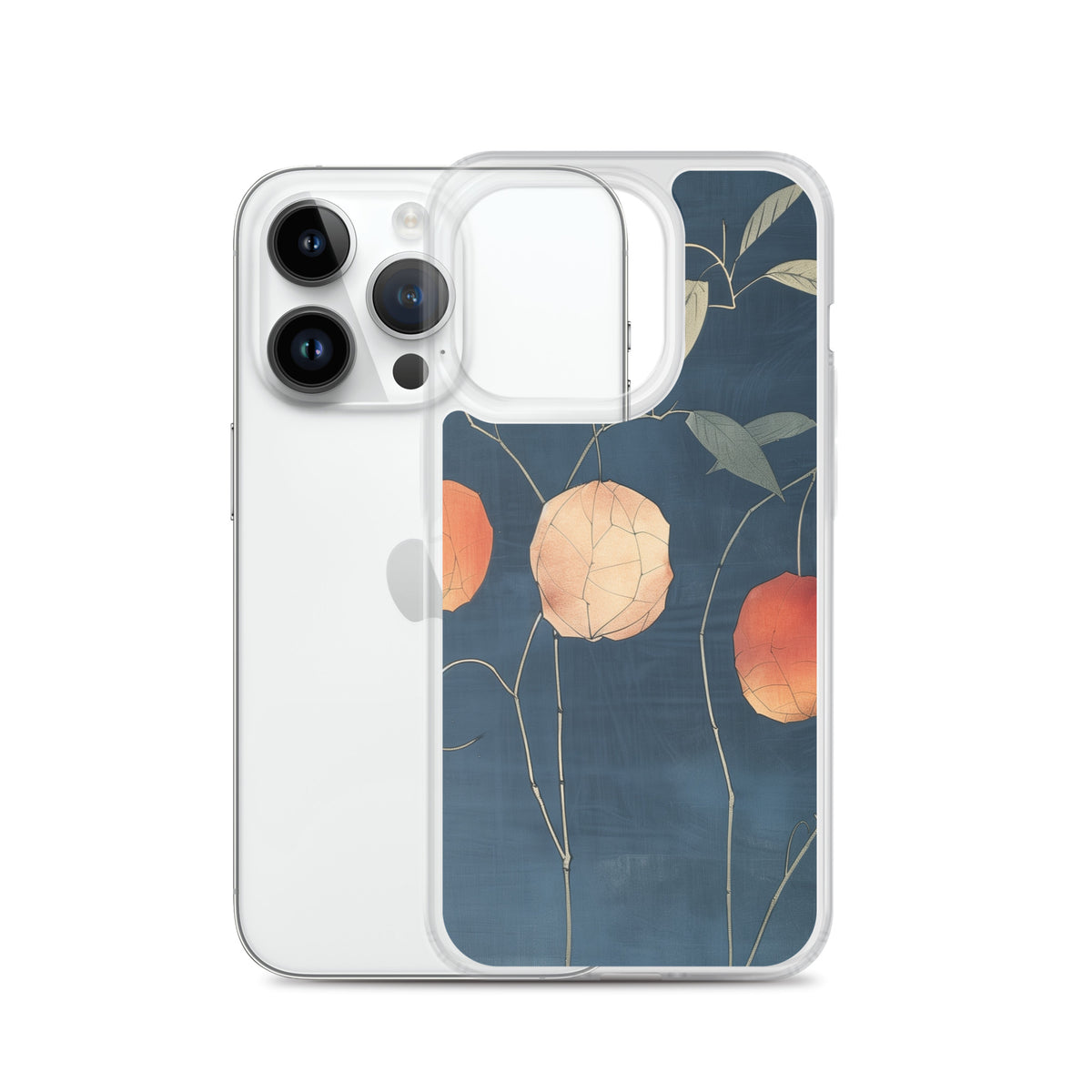 Clear iPhone case: Orange and pale ground cherries hang from slender stems against a deep blue background.