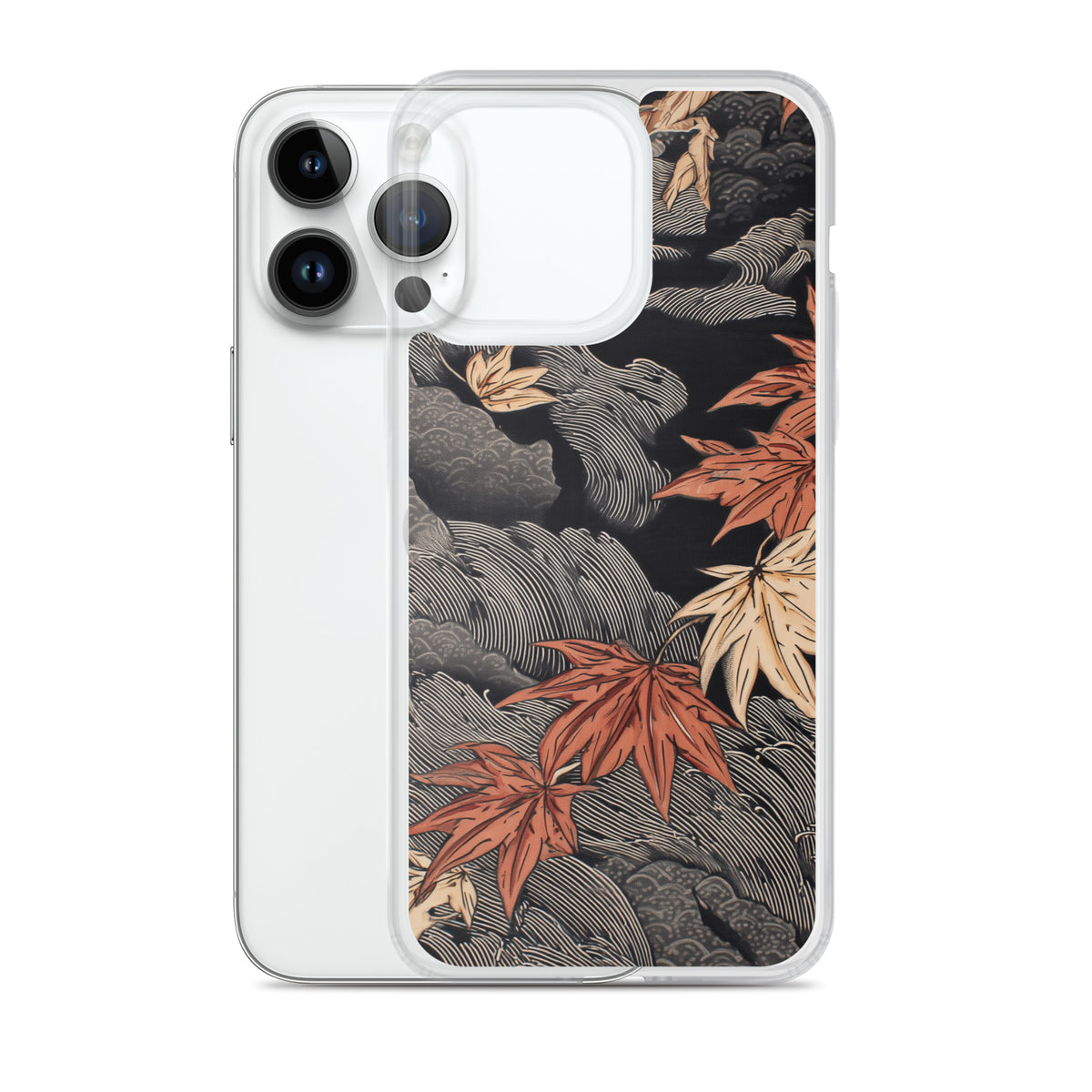 Clear iPhone case: Red and ochre maple leaves stretch across layered rocks and dark flowing water.