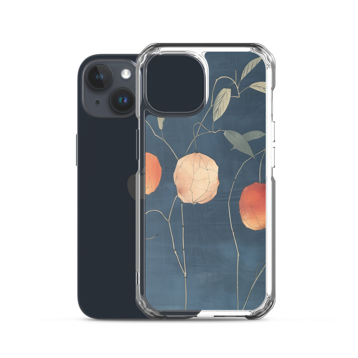 Clear iPhone case: Orange and pale ground cherries hang from slender stems against a deep blue background.