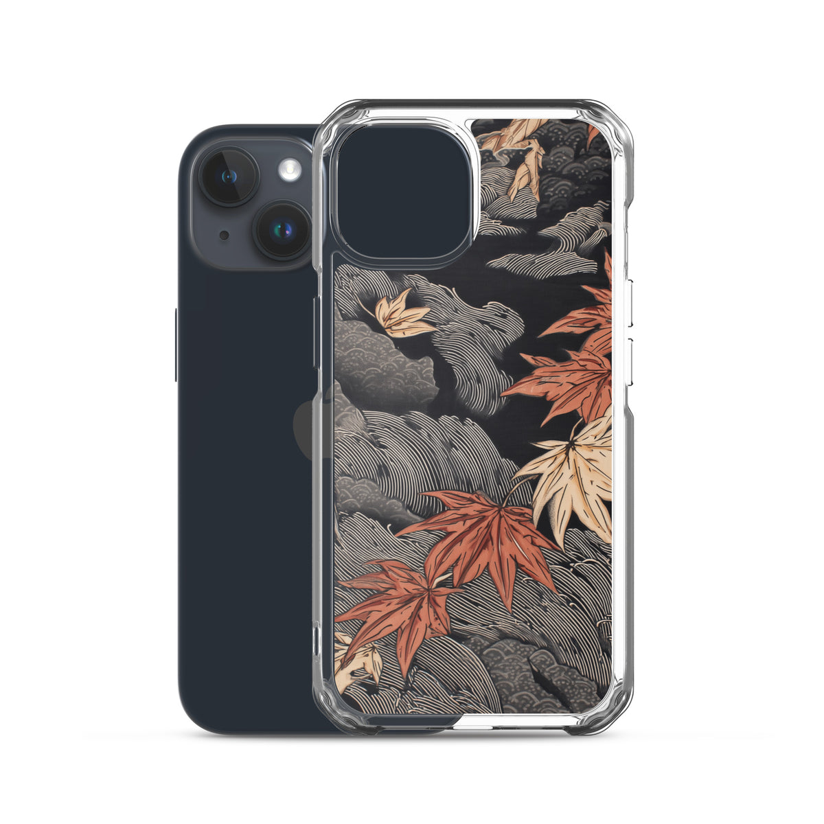Clear iPhone case: Red and ochre maple leaves stretch across layered rocks and dark flowing water.