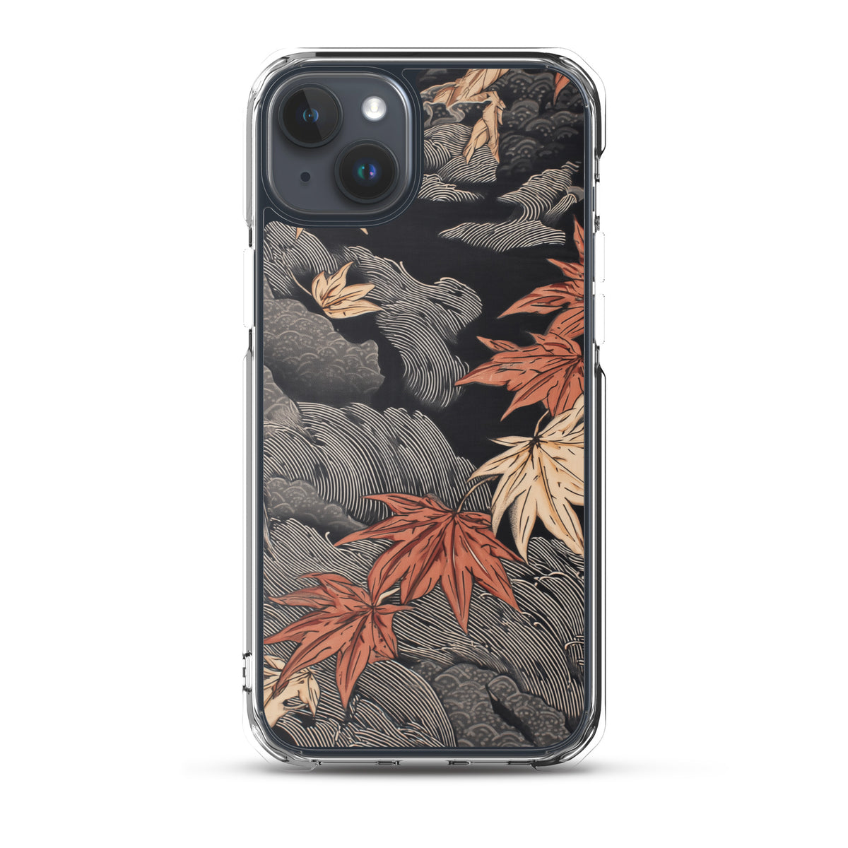 Clear iPhone case: Red and ochre maple leaves stretch across layered rocks and dark flowing water.