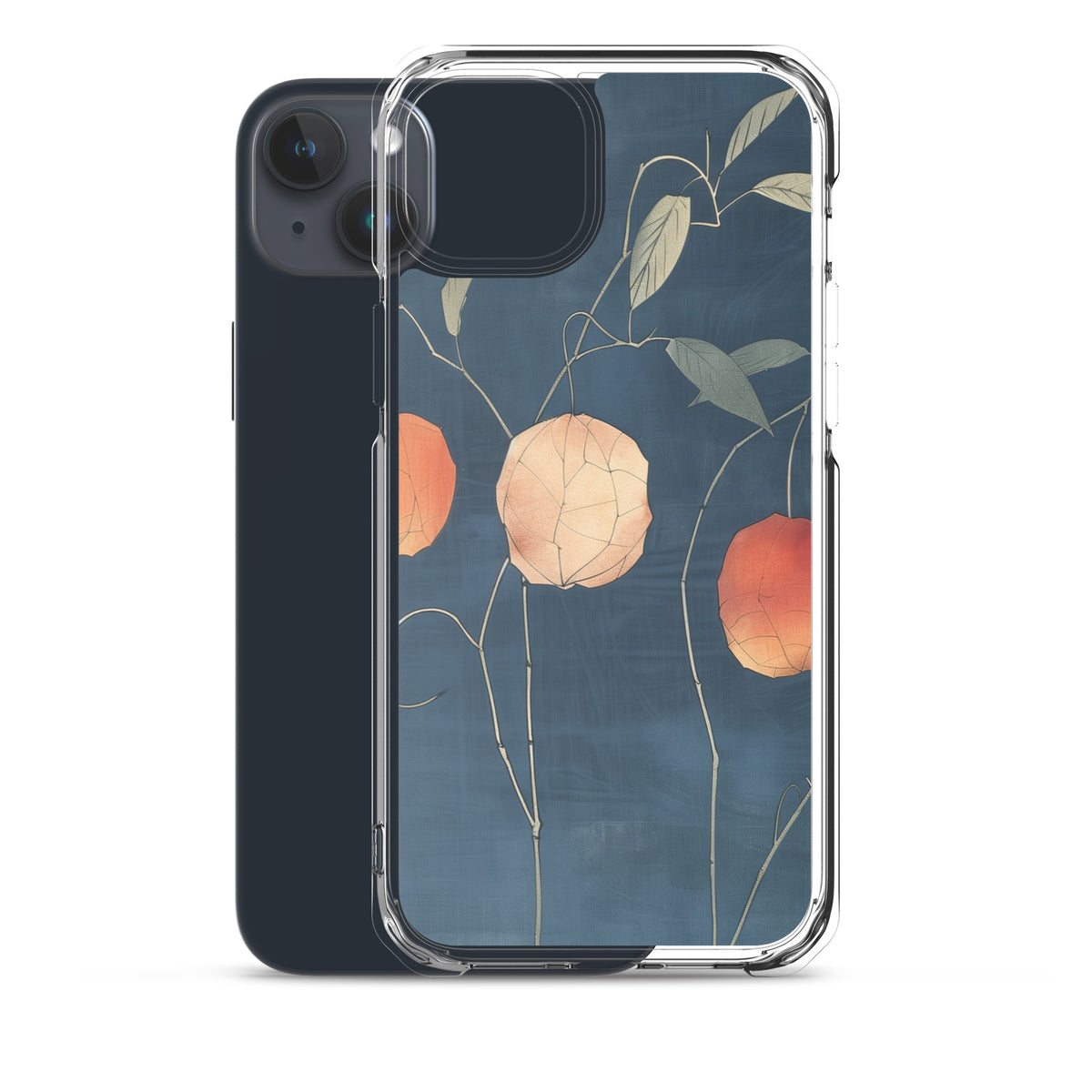 Clear iPhone case: Orange and pale ground cherries hang from slender stems against a deep blue background.