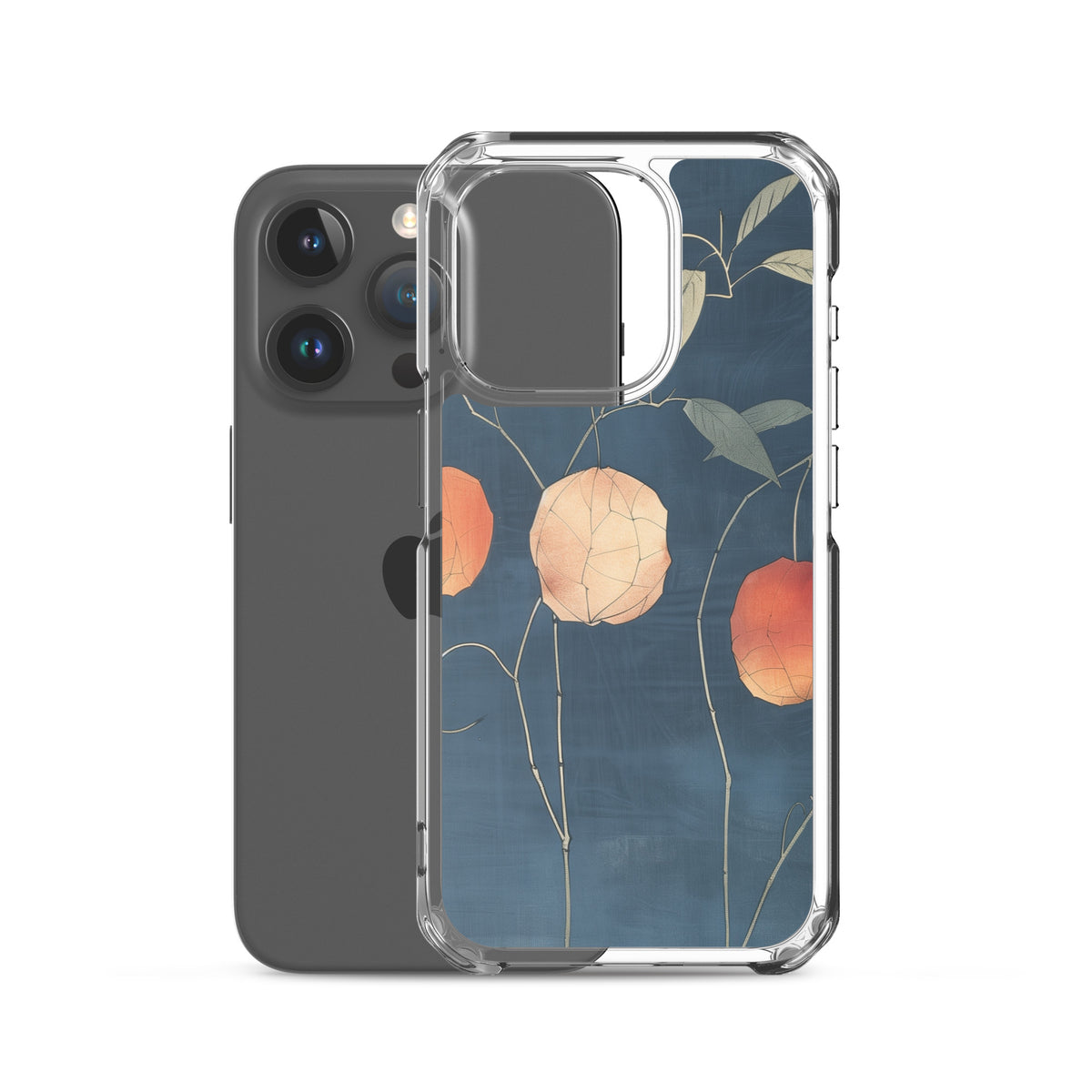 Clear iPhone case: Orange and pale ground cherries hang from slender stems against a deep blue background.