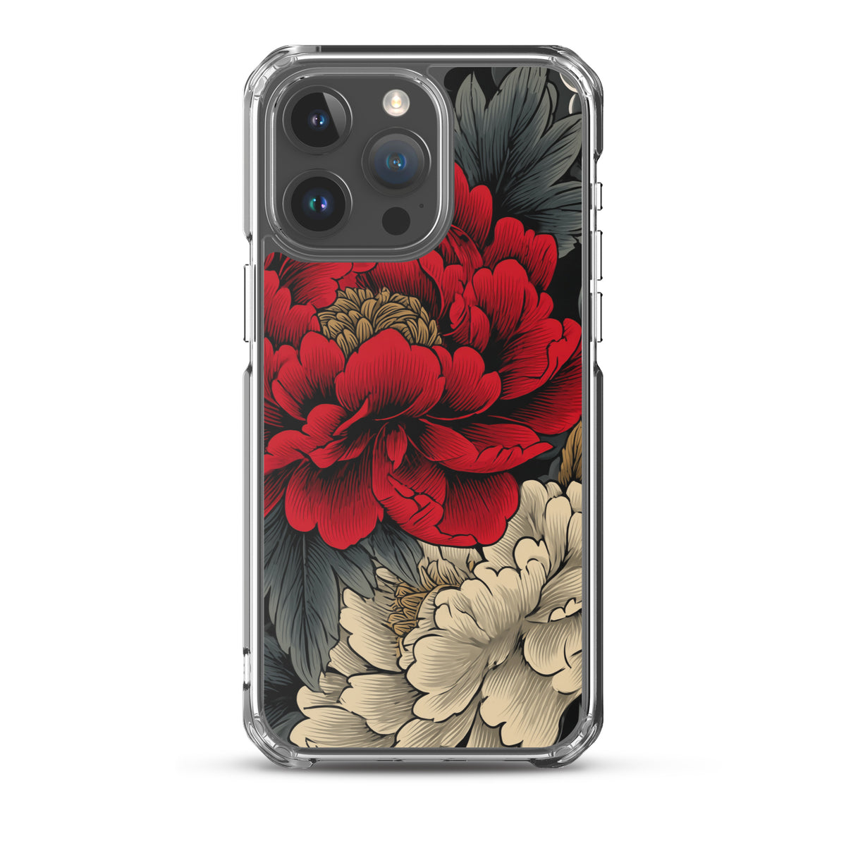 Clear iPhone case: Vermilion and ivory peonies stand out against dark leaves and curling ink-like clouds.