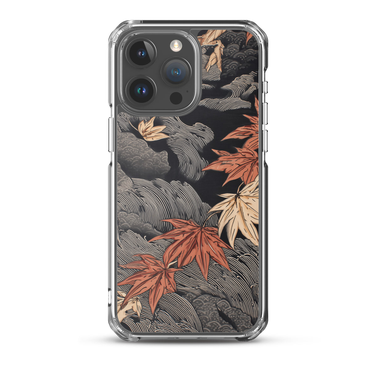 Clear iPhone case: Red and ochre maple leaves stretch across layered rocks and dark flowing water.