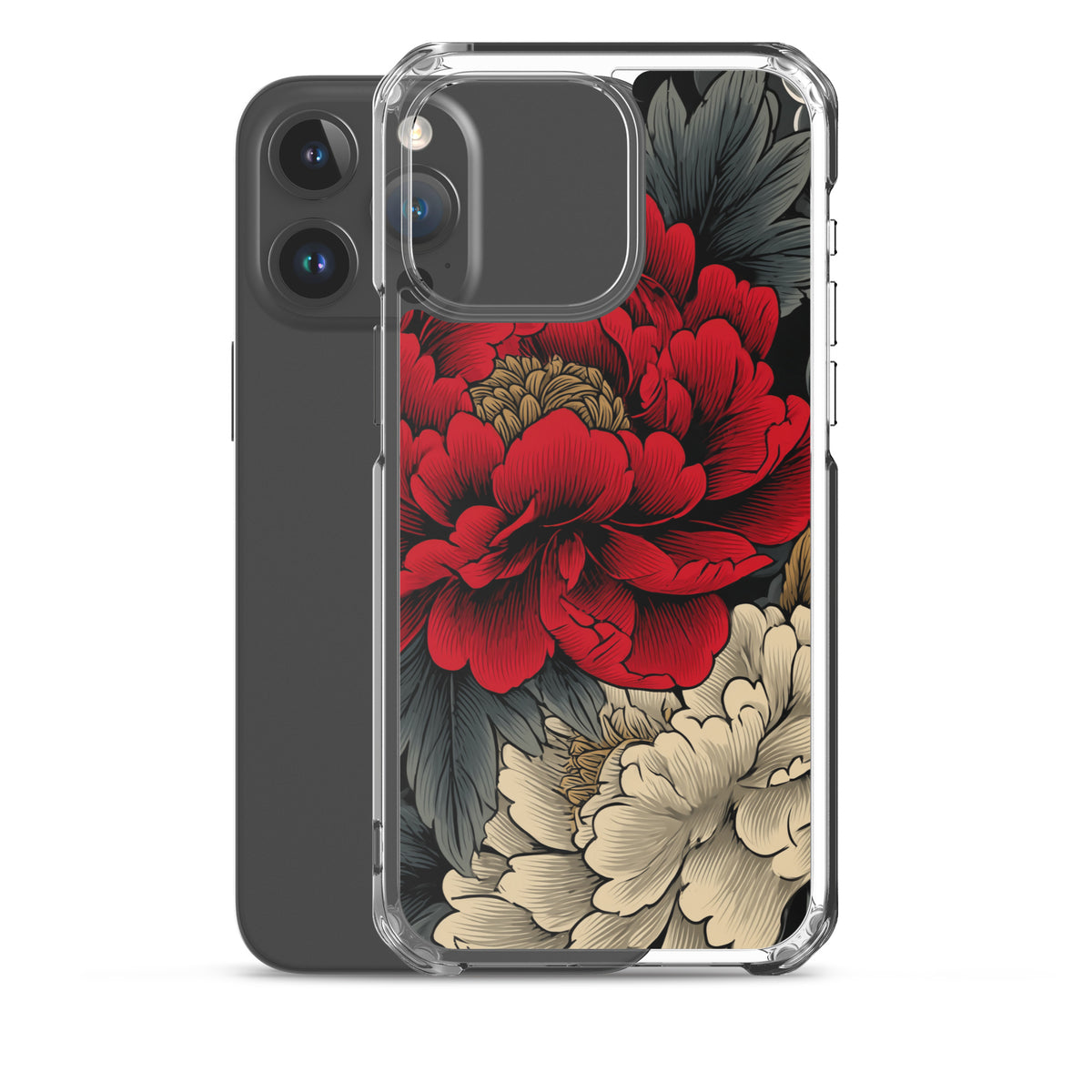 Clear iPhone case: Vermilion and ivory peonies stand out against dark leaves and curling ink-like clouds.
