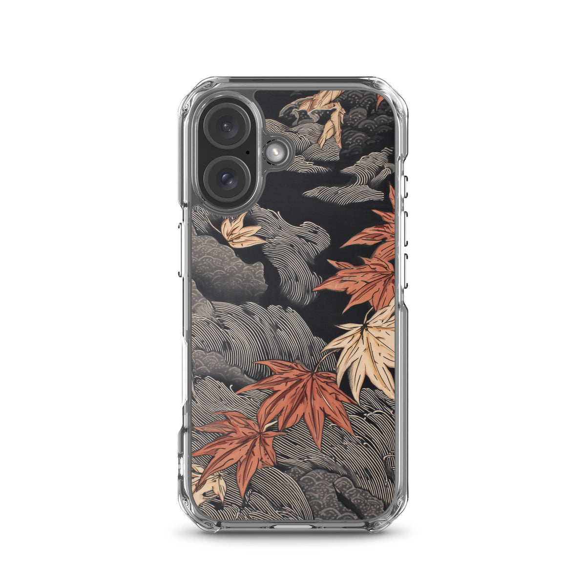 Clear iPhone case: Red and ochre maple leaves stretch across layered rocks and dark flowing water.