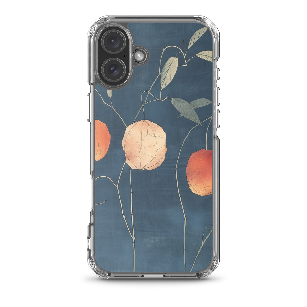 Clear iPhone case: Orange and pale ground cherries hang from slender stems against a deep blue background.