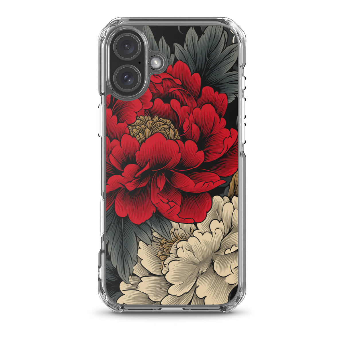 Clear iPhone case: Vermilion and ivory peonies stand out against dark leaves and curling ink-like clouds.