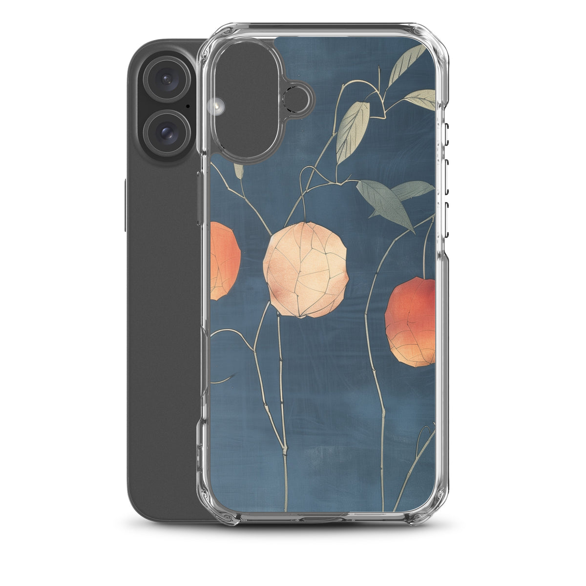 Clear iPhone case: Orange and pale ground cherries hang from slender stems against a deep blue background.