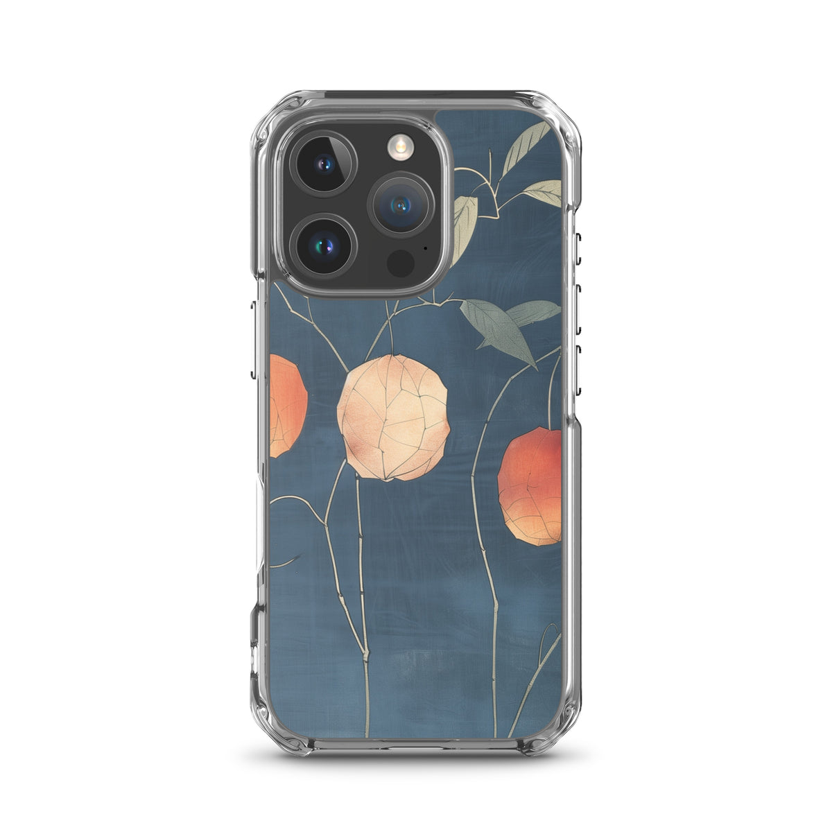 Clear iPhone case: Orange and pale ground cherries hang from slender stems against a deep blue background.