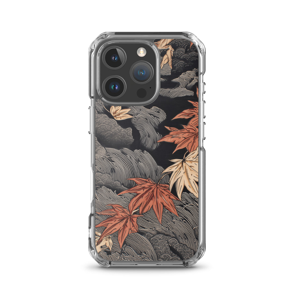 Clear iPhone case: Red and ochre maple leaves stretch across layered rocks and dark flowing water.