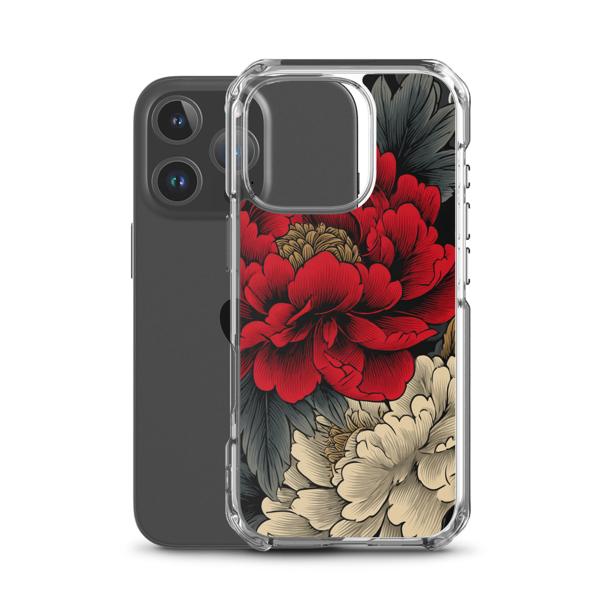 Clear iPhone case: Vermilion and ivory peonies stand out against dark leaves and curling ink-like clouds.