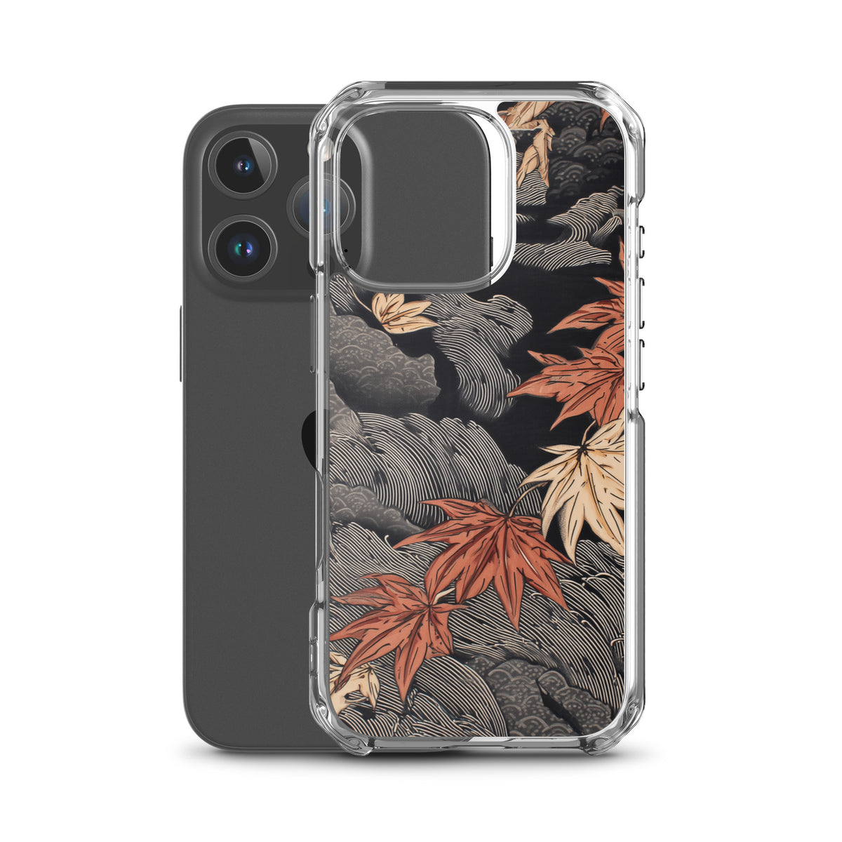 Clear iPhone case: Red and ochre maple leaves stretch across layered rocks and dark flowing water.