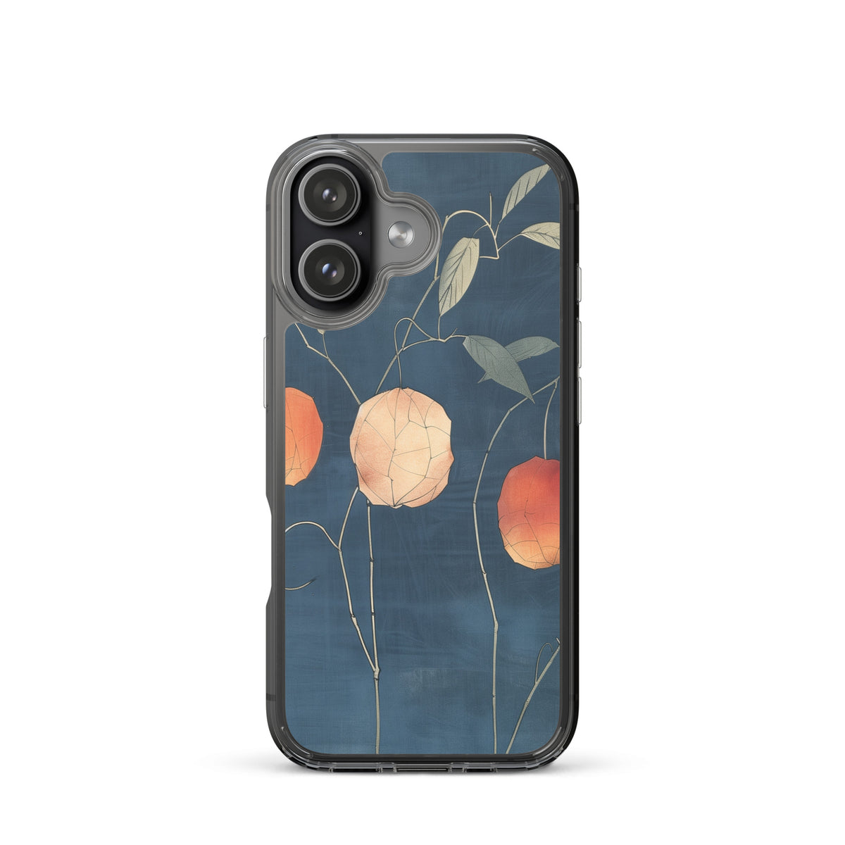 Clear iPhone case: Orange and pale ground cherries hang from slender stems against a deep blue background.