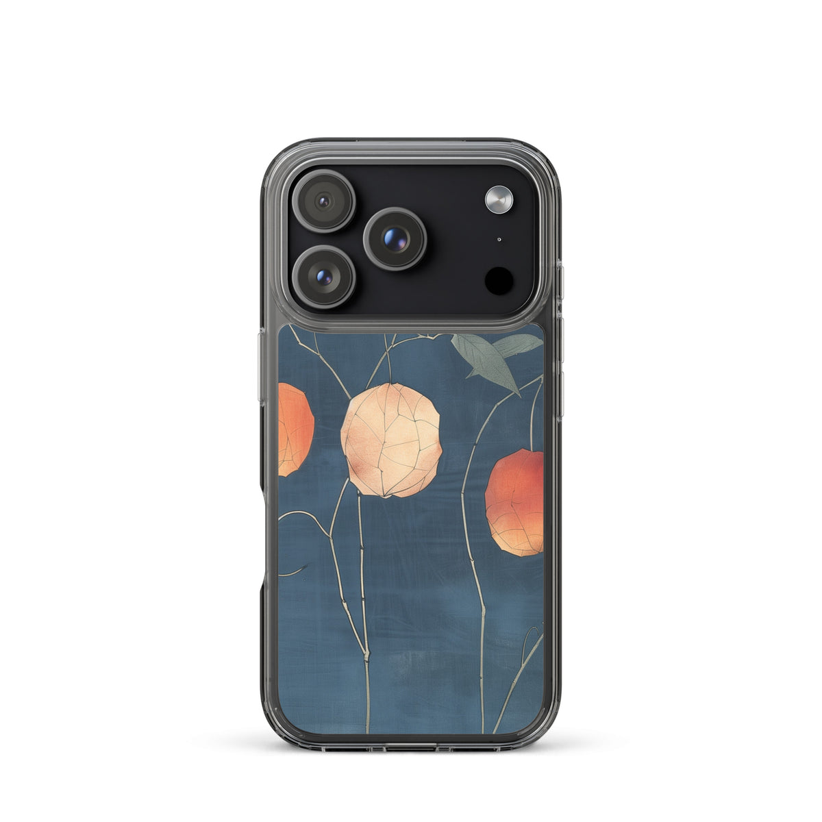 Clear iPhone case: Orange and pale ground cherries hang from slender stems against a deep blue background.