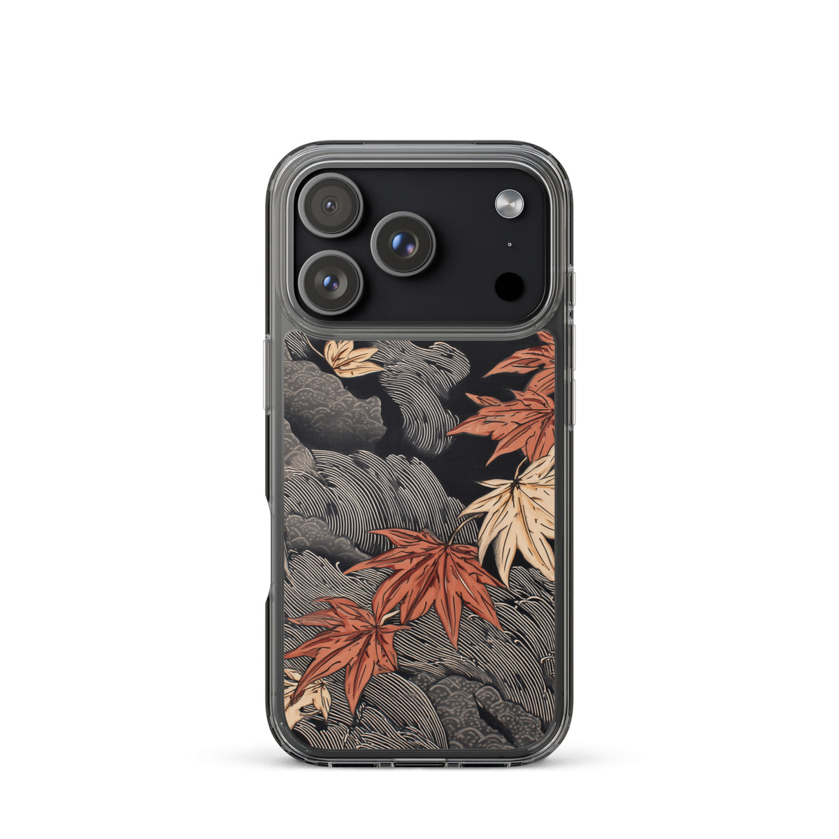 Clear iPhone case: Red and ochre maple leaves stretch across layered rocks and dark flowing water.