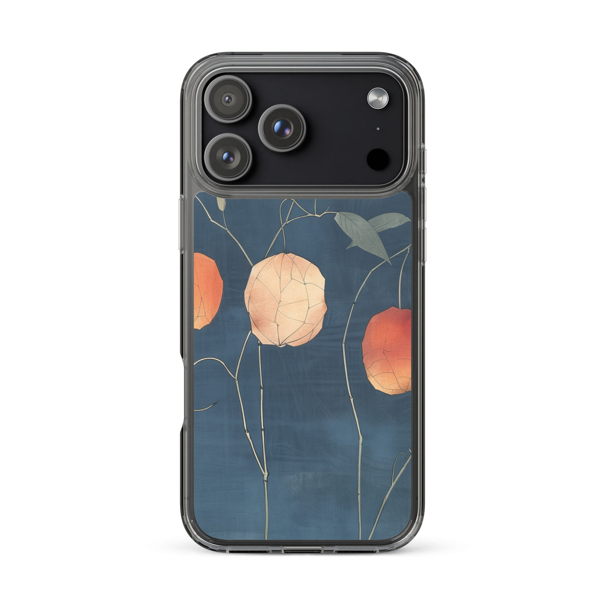 Clear iPhone case: Orange and pale ground cherries hang from slender stems against a deep blue background.