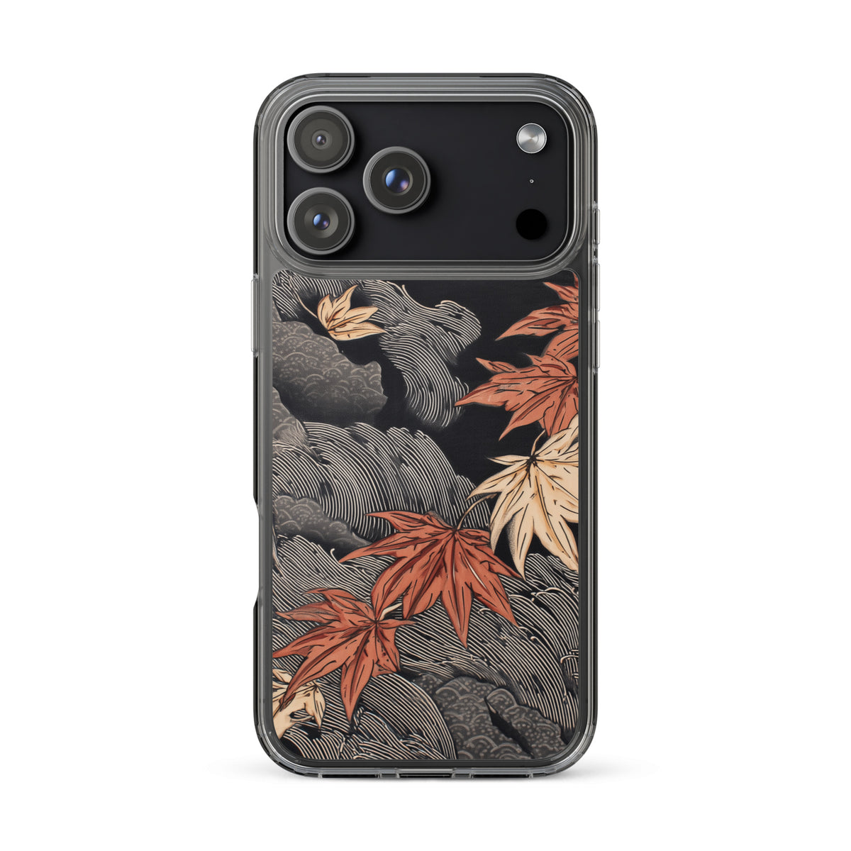 Clear iPhone case: Red and ochre maple leaves stretch across layered rocks and dark flowing water.