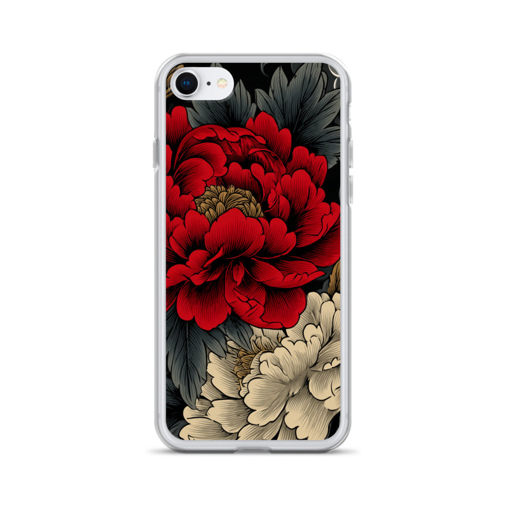 Clear iPhone case: Vermilion and ivory peonies stand out against dark leaves and curling ink-like clouds.