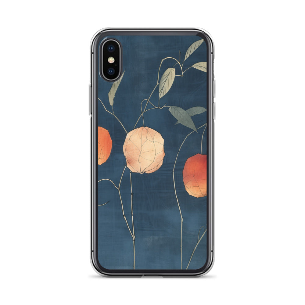 Clear iPhone case: Orange and pale ground cherries hang from slender stems against a deep blue background.