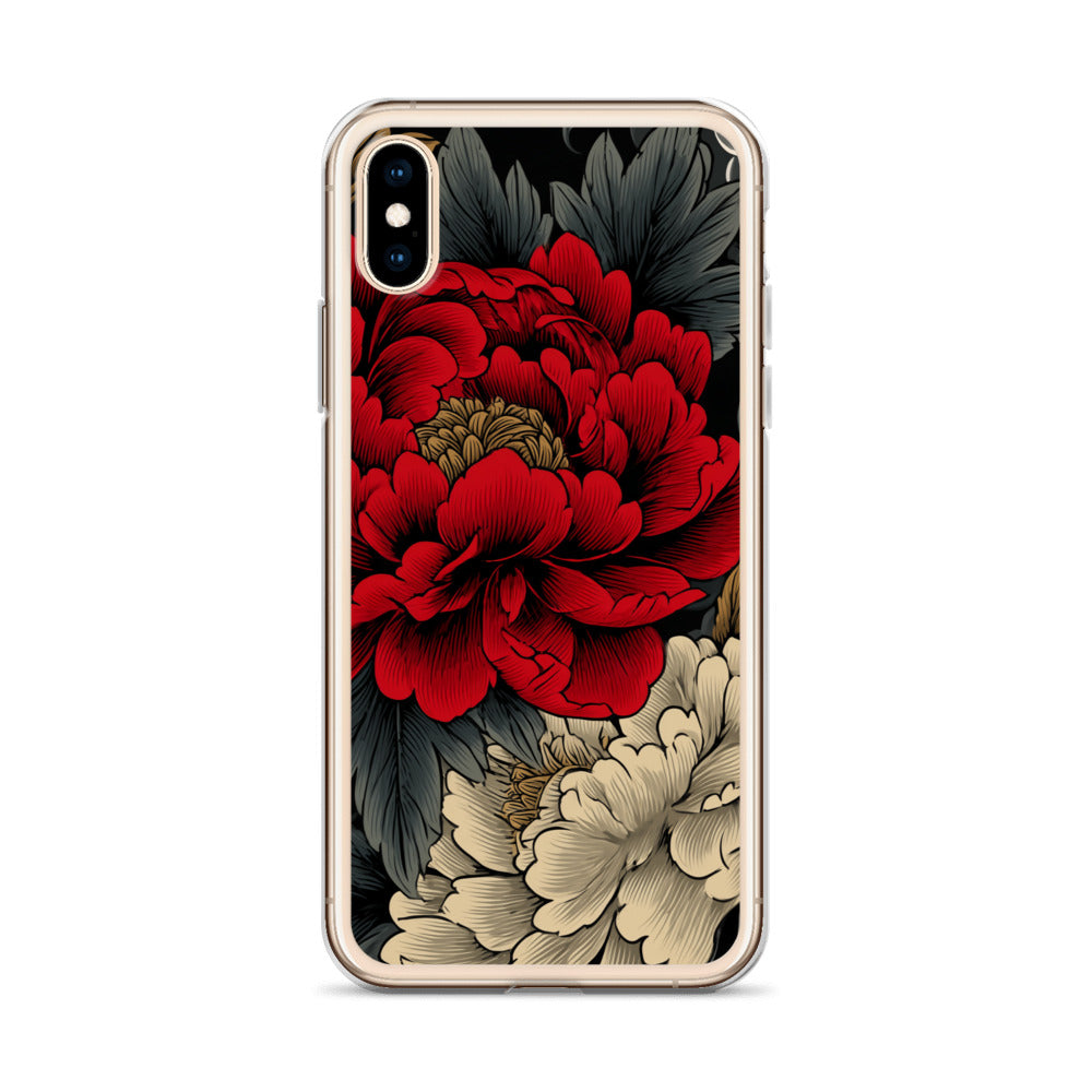 Clear iPhone case: Vermilion and ivory peonies stand out against dark leaves and curling ink-like clouds.