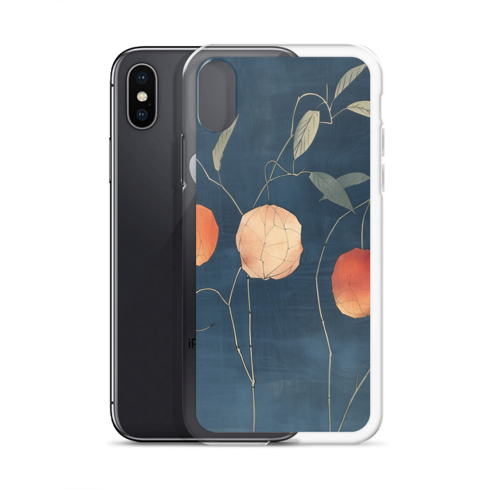 Clear iPhone case: Orange and pale ground cherries hang from slender stems against a deep blue background.