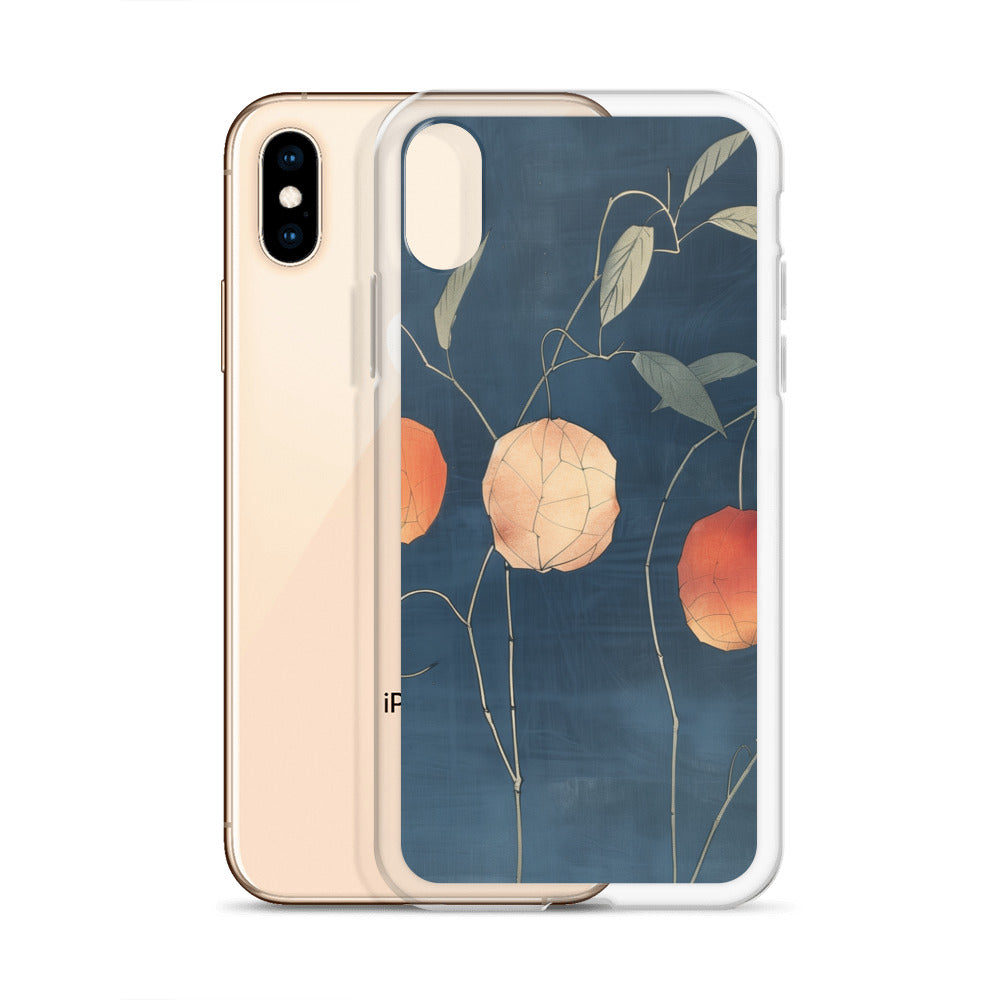 Clear iPhone case: Orange and pale ground cherries hang from slender stems against a deep blue background.