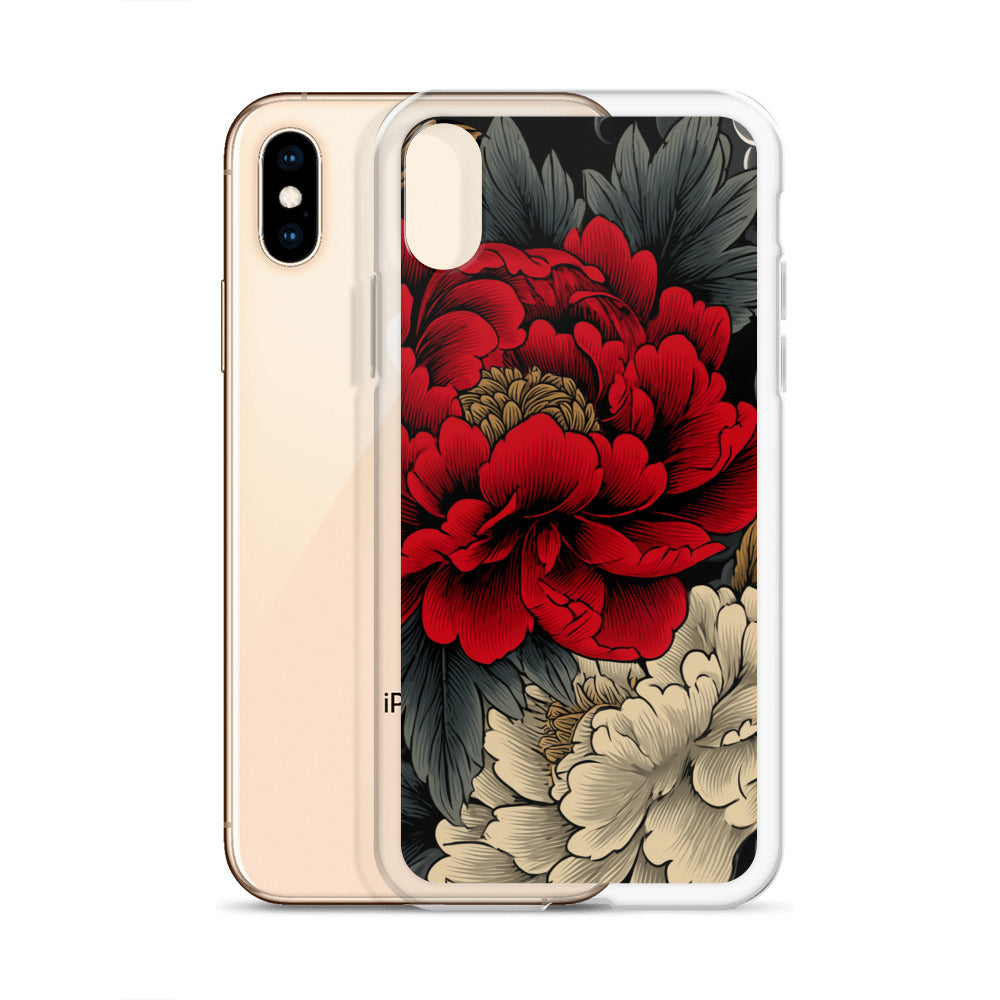 Clear iPhone case: Vermilion and ivory peonies stand out against dark leaves and curling ink-like clouds.