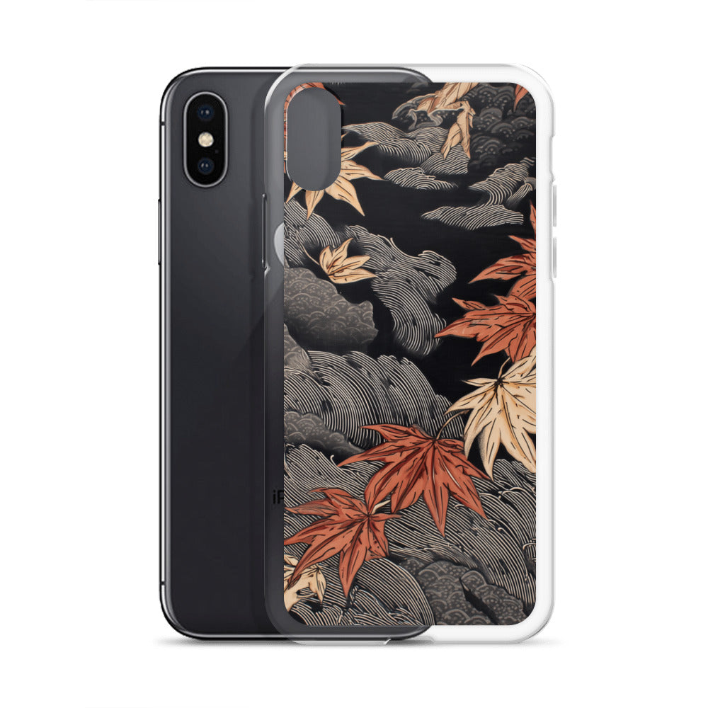 Clear iPhone case: Red and ochre maple leaves stretch across layered rocks and dark flowing water.