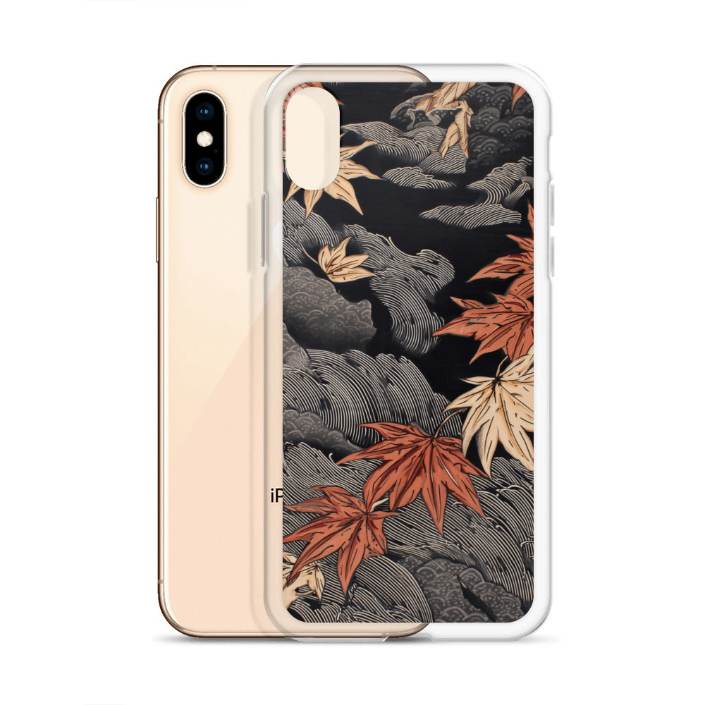 Clear iPhone case: Red and ochre maple leaves stretch across layered rocks and dark flowing water.