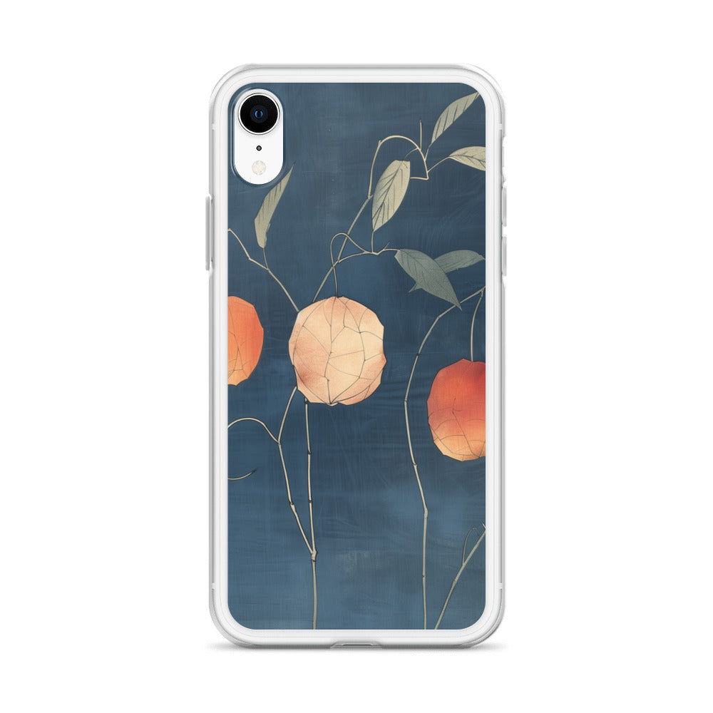 Clear iPhone case: Orange and pale ground cherries hang from slender stems against a deep blue background.