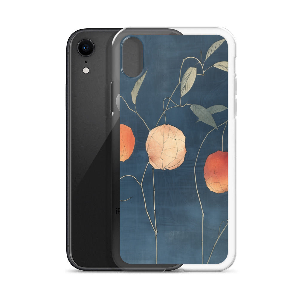 Clear iPhone case: Orange and pale ground cherries hang from slender stems against a deep blue background.
