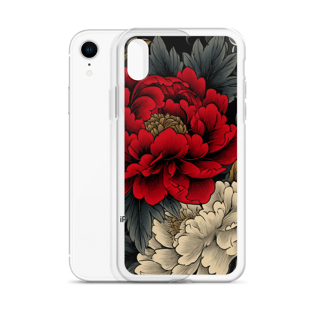 Clear iPhone case: Vermilion and ivory peonies stand out against dark leaves and curling ink-like clouds.