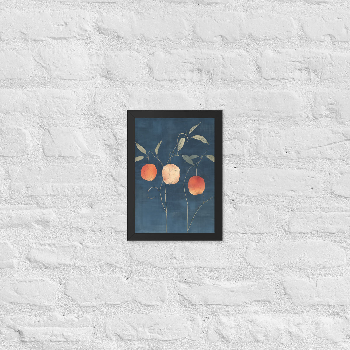 Framed matte paper poster: Orange and pale ground cherries hang from slender stems against a deep blue background.