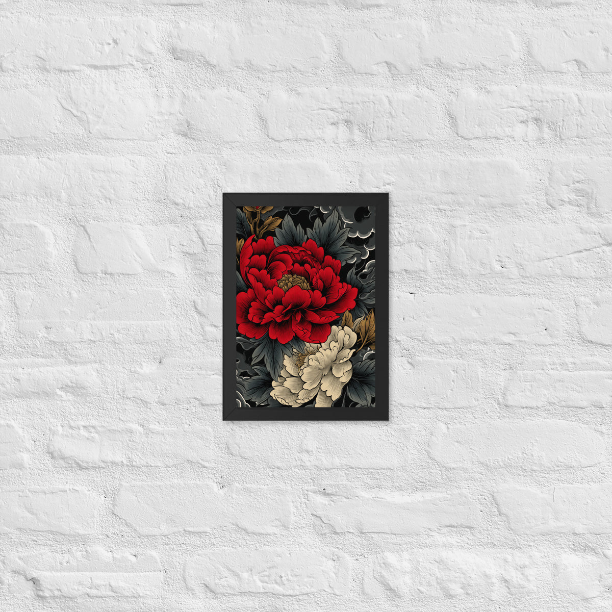 Framed matte paper poster: Vermilion and ivory peonies stand out against dark leaves and curling ink-like clouds.