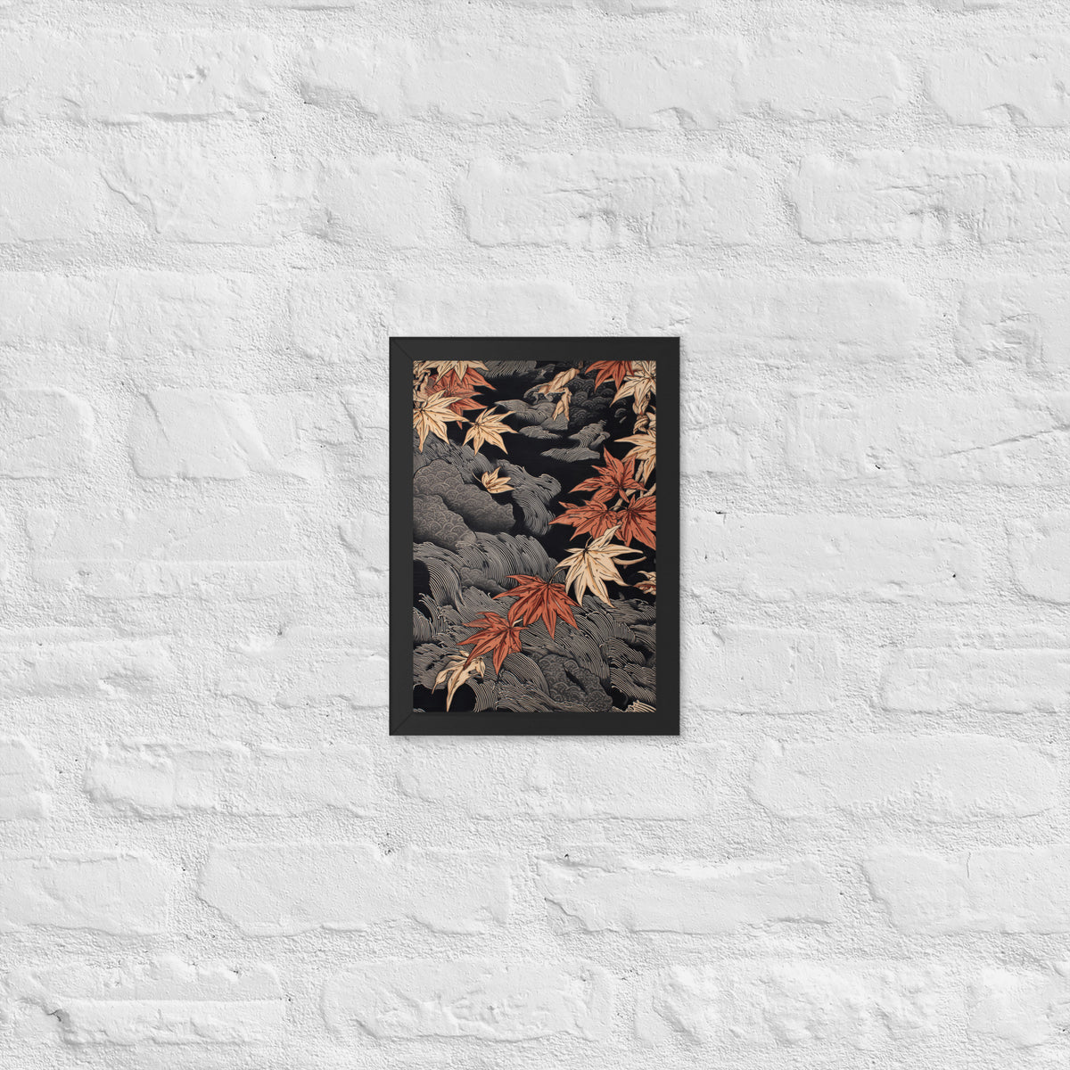 Framed matte paper poster: Red and ochre maple leaves stretch across layered rocks and dark flowing water.